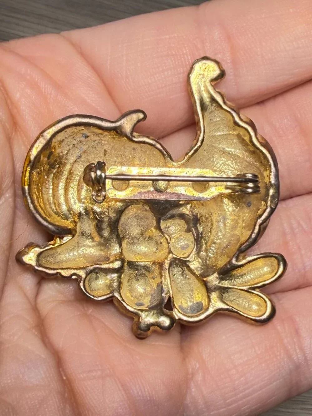 Vintage Cornucopia Brooch Gold Tone Rhinestone Fruit Fall Harvest 2.6”